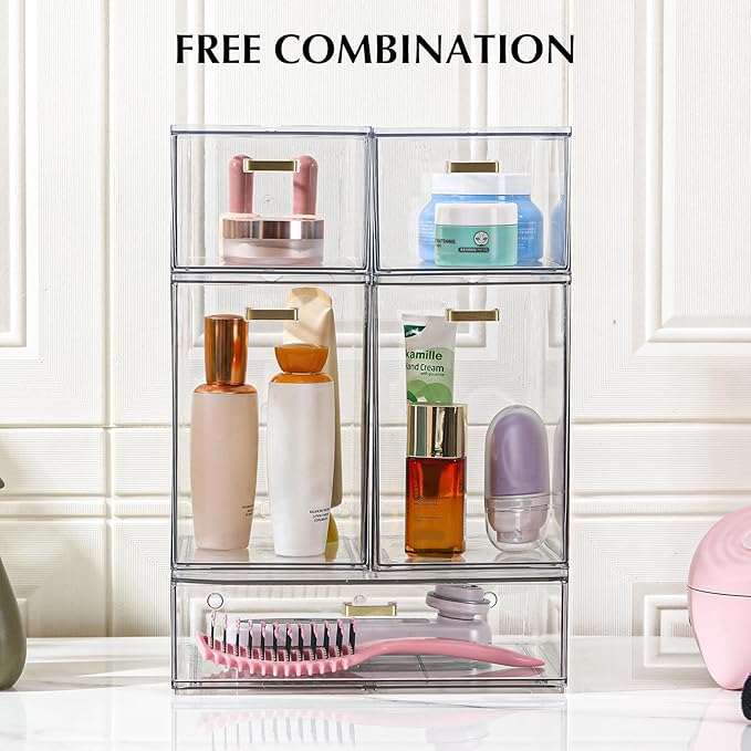 Set of 5 Stackable Storage Drawers, Clear Acrylic Organizer Bins for Beauty Supplies, Perfect for Makeup Vanity, Undersink, Kitchen, Cabinet,Pantry Organization and Storage
