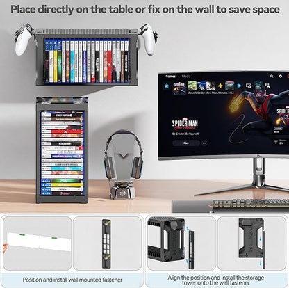 Video Game Storage Tower Holder with Controller Stand, Wall Mount Game Organizers and Storage for Nintendo Switch 2/ PS5/4/ XboxOne/Series, Vertical & Horizontal Stand for 20 Gaming Discs Accessories