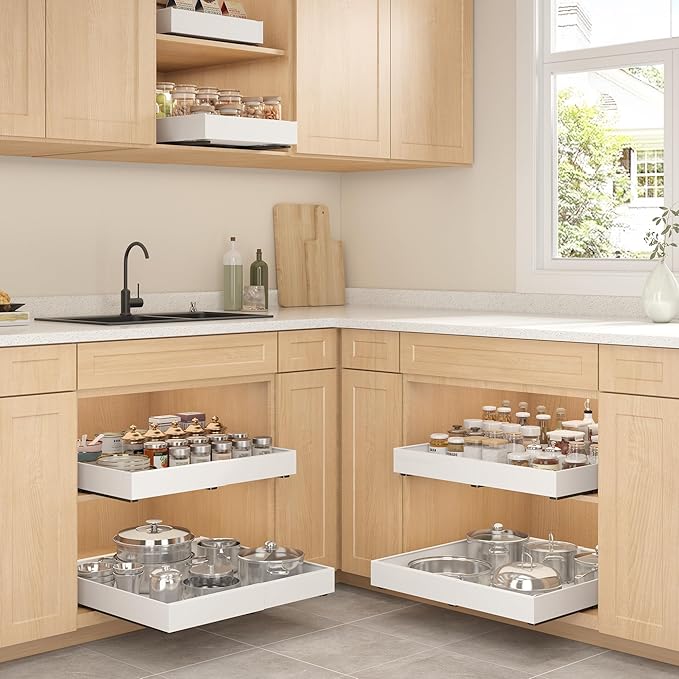 Expandable Pull-Out Cabinet Organizer - White, 21" D x Adjustable Width 12.6-20.47", No Drill Adhesive Installation with 3-Slide Rails for Kitchen Storage (2 Pack)