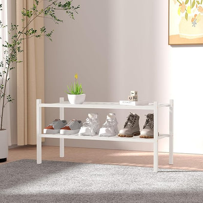 2 Tier Bamboo Shoe Rack for Closet Free Standing Wood Shoe Shelf for Entryway Small Space Stackable 27"x11"x13" (White)