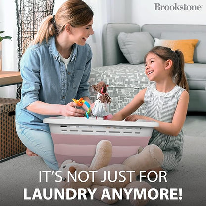 BROOKSTONE 11 GALLON XL 24" Collapsible Laundry Basket, Comfort Non-Slip Grip Handles, Modern Minimalist Space Saving Design, Portable Pop-Up Hamper, BPA FREE, Blush, 1 Basket