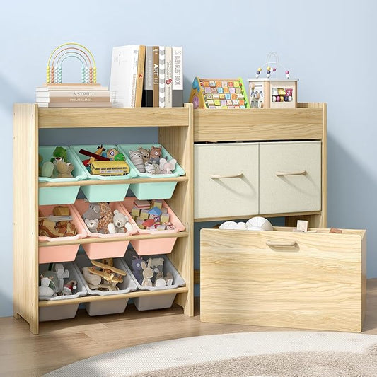 Toy Storage Organizer for Kids, 9-Bin Toy Organizer with 2-Drawers,Movable Toy Chest and Top Rack, Kids Bookshelf and Toy Storage for Playroom, Bedroom, Nursery, Multi-Color