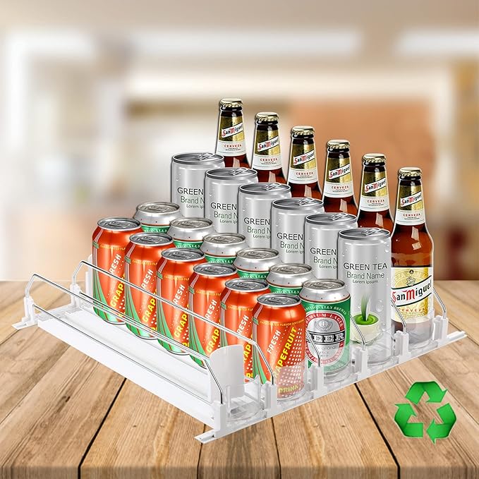 ONCHSH Drink Organizer for Fridge,Soda Can Drink Organizer for Refrigerator,Beer Pop Can Water Bottle Storage for Pantry,Width Adjustable Beverage Pusher Glide (White, 16.4" D - 5 Rows)