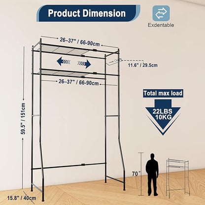 Laundry Room Storage Shelf & Organizer, 2 Tier Metal Over Washer and Dryer Shelves, Washing Machine Shelf with Hanger Rod, Expandable Bathroom Space Saver Shelf, 26–37" L x 15.8" W x 59.5" H, Black