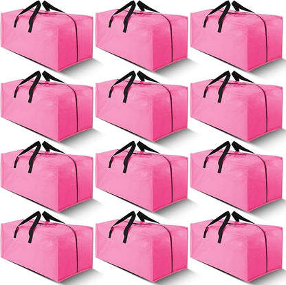 Cosy Family 12 Pack Heavy Duty Extra Large Moving Bags with Backpack Straps - Strong Handles & Zippers, Storage Totes For Space Saving, Fold Flat, Alternative to Moving Box, Pink