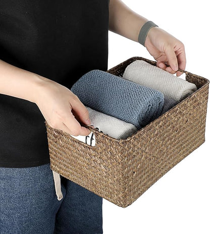 Hipiwe Seagrass Storage Basket for Shelf Organizing, Opened Baskets Bin Handwoven Wicker Baskets Rectangular Decorative Basket Multipurpose Closet Bedroom Organizer Bin Box with Handle, Small