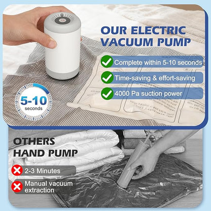 Fantictas Travel Vacuum Storage Bags with Rechargeable Air Pump, 12 Pack Portable Space Saver Bags, Compression Bags for Clothing, Bedding, Seasonal Storage & Packing Bags for Moving