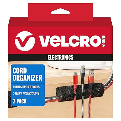 VELCRO Brand Cord Organizer for Desk & Nightstand, Valentine’s Gift for Him, 5 Cable Slots with Sleeve Routing, Adhesive Wire Holder for Cord Management, Home, Office & Gaming, Black 2 Pack