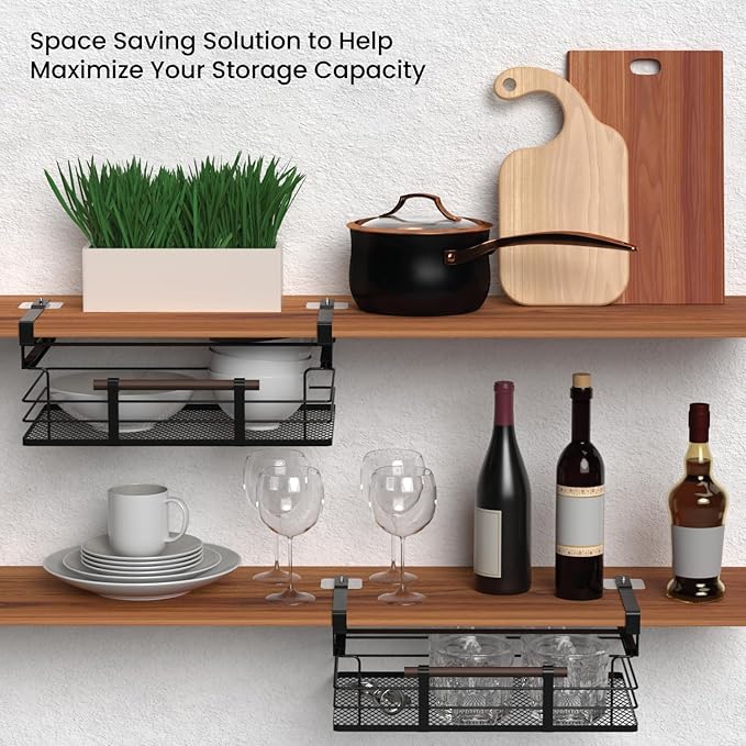 Home Zone Living 2-Pack Under Shelf Pull-Out Drawer Kitchen Cabinet Organizer with Steel Mesh Basket and Wooden Handle, 17 Inch Length
