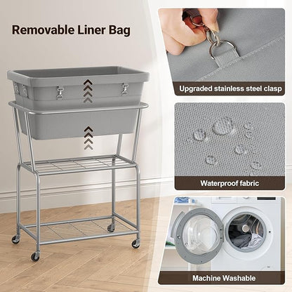 ELYKEN Laundry Cart with Wheels, Rolling Laundry Hamper with Removable Bag and Shelf, Metal Frame Laundry Basket with 4 Casters and 2 Brakes, Ideal for Bedroom, Bathroom, Laundry Room, Gray