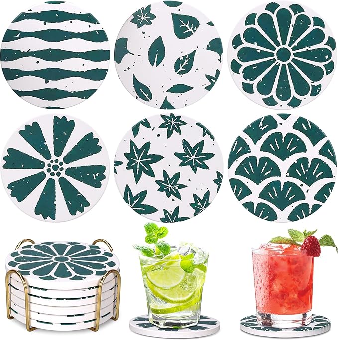 Absorbent Coasters Set of 6 Round Ceramic Coasters for Drinks Modern Green Boho Coasters with Holder Cute Coffee Table Decor Coaster Outdoor Stone Cup Coasters Funky Cool Coasters Desk Coasters