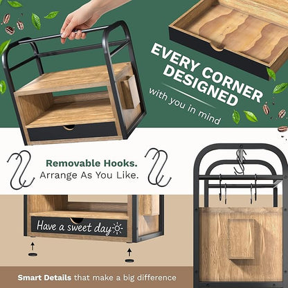 Coffee Bar Organizer for Countertop – 3-Tier Wood & Metal Shelf with Chalkboard Drawer, 6 Removable Mug Hooks, Side Caddy, Magnetic Stickers, Handle, Non-Slip Feet – Coffee & Tea Station