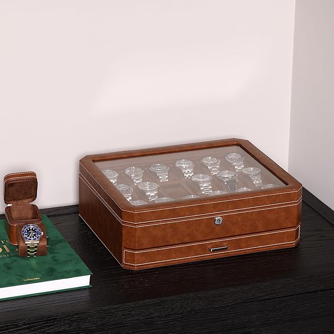 ROTHWELL 18-Slot Watch Case with Drawer – Luxury Watch Box for Men, Real Glass Top, Lockable, Display Case for Collections (Tan/Brown)