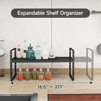 2Pack 16.5-27’’L Expandable Stackable Cabinet Shelves, Adjustable Spice Rack Cabinet Shelf Organizer for Kitchen, Countertop, Pantry and Cupboard, Black