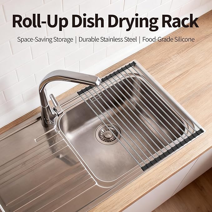 TYZUIAW Roll Up Dish Drying Rack for Over Sink -17.5"x11.8" Foldable Stainless Steel Kitchen Drainer, Black