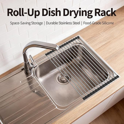 TYZUIAW Roll Up Dish Drying Rack for Over Sink -17.5"x11.8" Foldable Stainless Steel Kitchen Drainer, Black