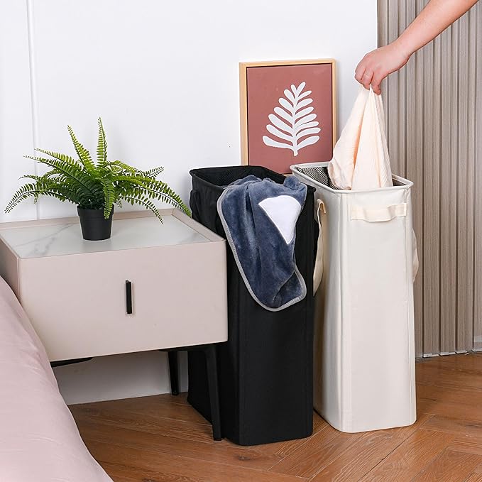 efluky Slim Laundry Basket, Narrow Laundry Hamper with Handles, Collapsible Dirty Clothes Hamper, Tall Laundry Bin for Laundry Room, Dorm and Bedroom, 12.7 Gallons(48L) Black (Pack of 2)