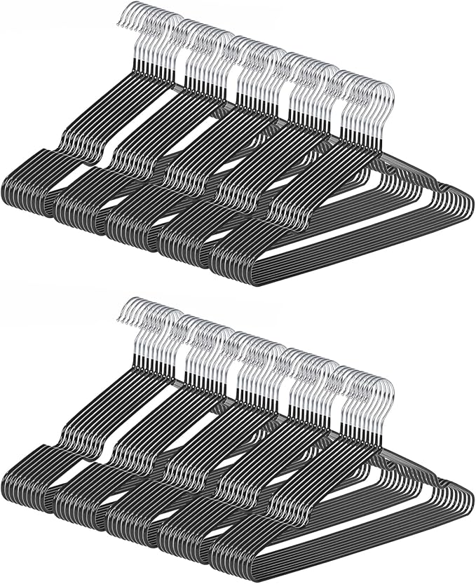 gofuch Ultra-Thin Metal Hangers, 100 Pack Non-Slip PVC Coated Space Saving Clothes Hangers for Closet, 16 inch Wide for Suits, Dresses, Jackets（Black）