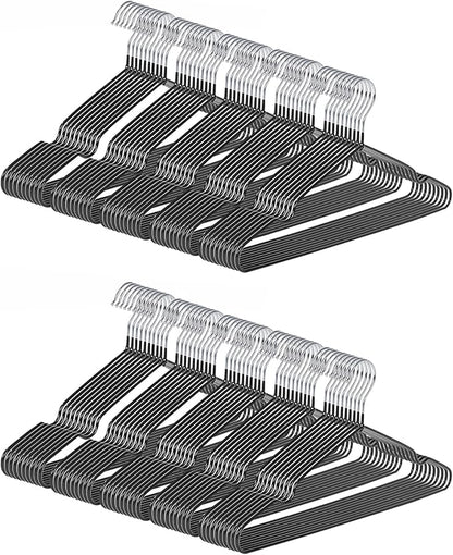 gofuch Ultra-Thin Metal Hangers, 100 Pack Non-Slip PVC Coated Space Saving Clothes Hangers for Closet, 16 inch Wide for Suits, Dresses, Jackets（Black）