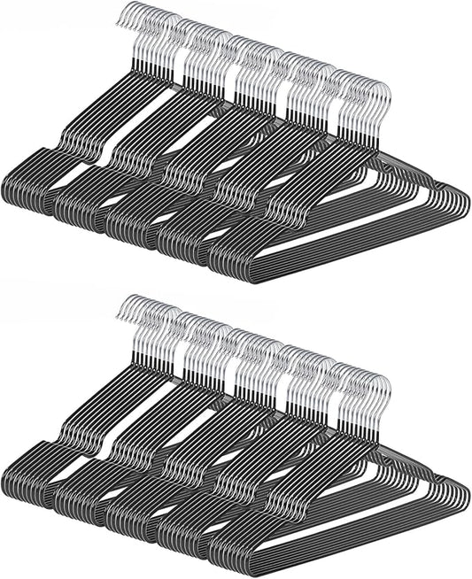 gofuch Ultra-Thin Metal Hangers, 100 Pack Non-Slip PVC Coated Space Saving Clothes Hangers for Closet, 16 inch Wide for Suits, Dresses, Jackets（Black）