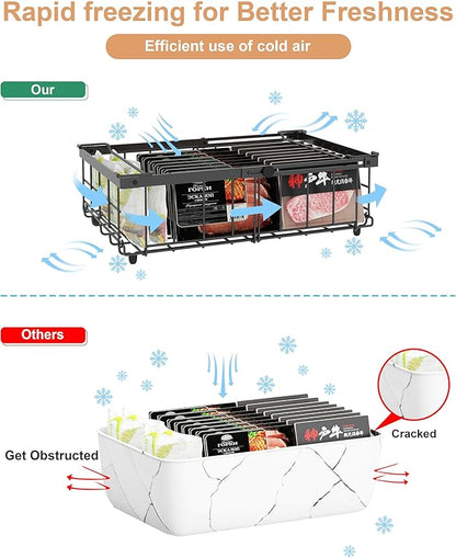 UMDONX 4 Pack Expandable Freezer Organizer Bins Large Freezer organizer Bins Stackable 11.4" Expand to 17.9", Fit 10 to 20 Cu.FT Black