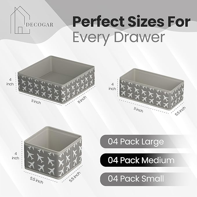 Drawer Organizer – 12 Pack Foldable Gray Fabric Storage Bins with White Airplanes | Baby Clothes, Diapers, Socks & Toys Organizer for Nursery Dresser, Closet & Bedroom Drawers