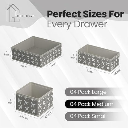 Drawer Organizer – 12 Pack Foldable Gray Fabric Storage Bins with White Airplanes | Baby Clothes, Diapers, Socks & Toys Organizer for Nursery Dresser, Closet & Bedroom Drawers
