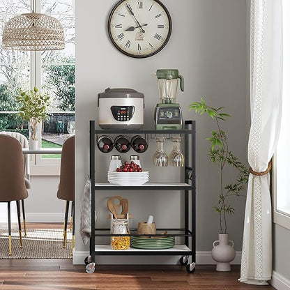 TUTOTAK Bar Cart - Serving Cart for Home - Microwave Cart, Drink Cart, Mobile Kitchen Shelf with Wine Rack and Glass Holder, Rolling Beverage Cart BC01BM030