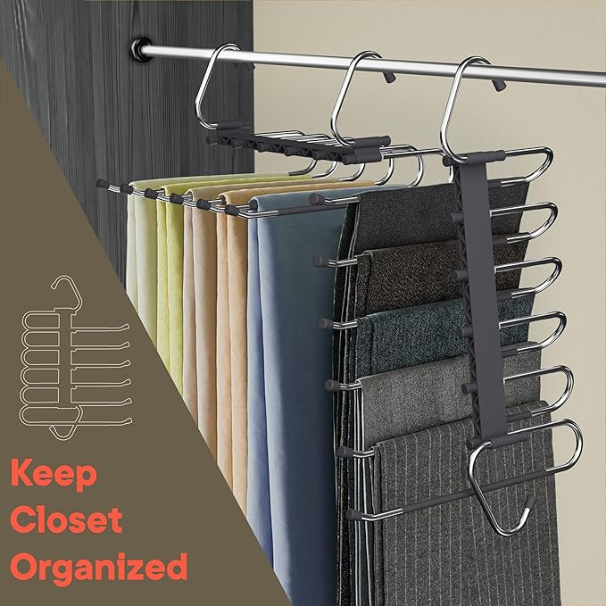 Campior Space Saving Pants Hangers 4 Pack, 6 Layer Jeans Hangers and Closet Organizer for Jeans, Scarves, & Skirts, Multi-Layer Hanger with Anti-Slip Stopper, Heavy-Duty S-Type Stainless Steel, Gray