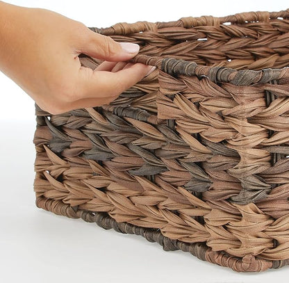 mDesign Woven Farmhouse Kitchen Pantry Food Storage Organizer Basket Bin Box - Container Organization for Cabinets, Cupboards, Shelves, Countertops - Store Potatoes, Onions, Fruit, 3 Pack, Brown Ombre