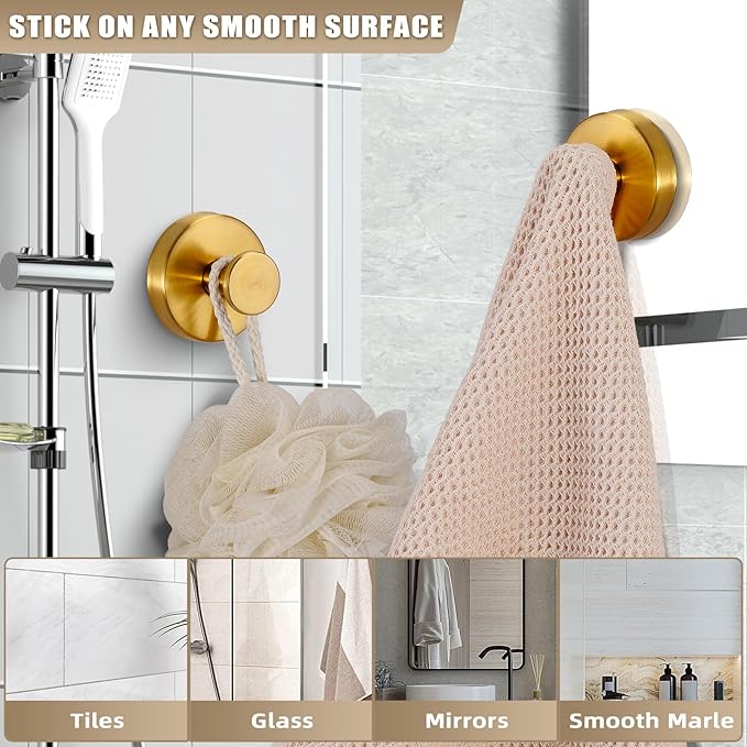 Fenas Suction Cup Hooks for Shower No-Drill Bathroom Hooks for Towels, Robes, Loofah Mountable on Bathroom Walls, Kitchen, Glass, Mirrors, Tile and Smooth,Non-Porous Surfaces (4, Brushed Gold)