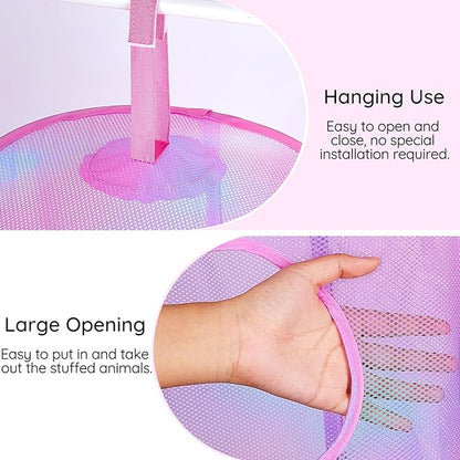 Basumee Stuffed Animals Net or Hammock 2 Pcs Stuffed Animals Storage Toy Net Hammock for Plushies Storage Organizer Mesh Kids Girls Room Decor, Pink, 3 Tiers