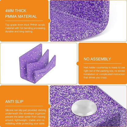 Beego Envelope and Mail Organizer Countertop - 2 Compartments Glitter Purple Acrylic Desk Organizer Letter Holder Desktop File Sorter Bill Document Folder Rack for Office, Home, School