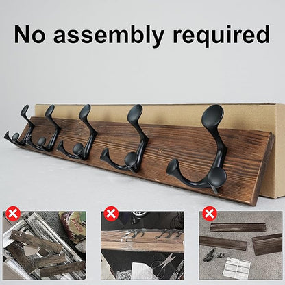 SKOLOO 24-Inch Wood Coat Rack Wall Mount with 5 Triple Hooks - Ideal for Family Entrances, Classrooms, and Pet Supplies Storage - Perfect Coat Hooks for Wall,Charred Golden Brown