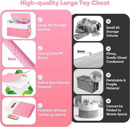 Large Toy Box, Collapsible Sturdy Storage Organize Chest Boxes With Lids, 25"x13"x16" Kids Toy Chest Bin Baskets for Living Room, Bedroom, Nursery, White & Pink