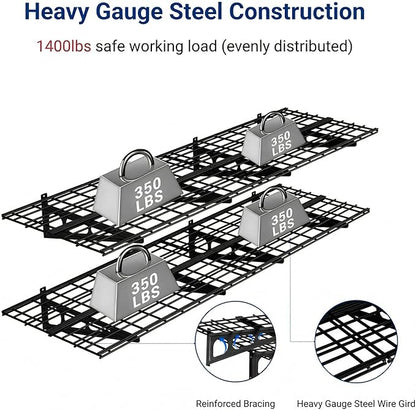FLEXIMOUNTS 2-Pack 2x6ft Garage Shelving with Hooks 24-inch-by-72-inch Wall Shelf Garage Storage Racks Floating Shelves, Black, Classic Series