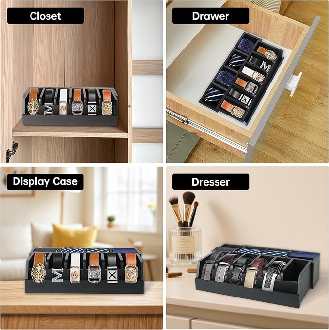 Niciksty Wooden Belt Organizer, 10 Compartments Belt Organizer for Closet and Drawer, Stylish Belt Storage Display Holder for Men Women’s Belts, Ties, and Jewelry, Black