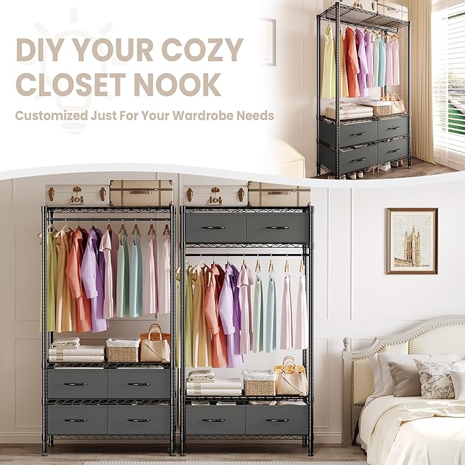 Clothes Rack with 4 Fabric Storage Drawers and Adjustable Shelves, 3-Tier Heavy-Duty Garment Rack Portable Clothes Hanger Closet Organizers for Bedroom Dorm Apartment, 71.5"H x 35.2"W x 15.4"D