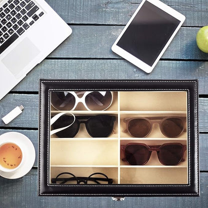 Siveit 8 Slot Sunglass Organizer Leather Eyeglasses Collector Eyewear Display Case Storage Box, Black