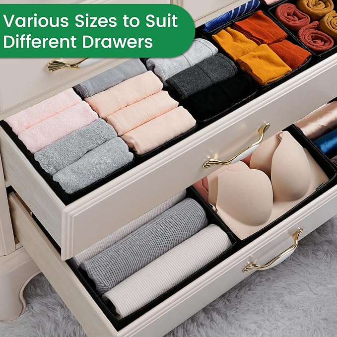 Criusia 16 Pack Underwear Drawer Organizer, Drawer Organizer Clothes, Foldable Cloth Storage Box Closet Dresser Drawer Divider Organizer for Clothes, Scarves (Black)