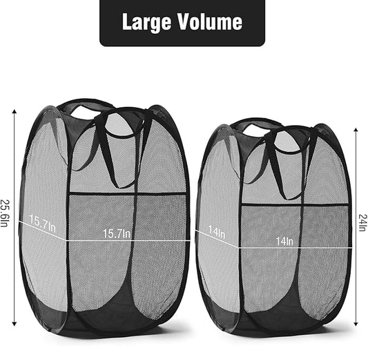 TECHMILLY Upgraded 105L Collapsible Mesh Pop Up Laundry Hamper with Sturdy Handles and Side Pocket - Portable Foldable Clothes Baskets for Dorm, Bathroom & Travel Storage (Black Plus)