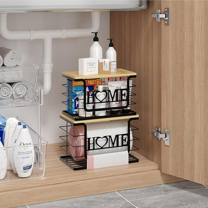 Trash Bag Holder Dispenser, AUVAHOX Garbage Bags Organizers with Bamboo Top, Wall Mount with Adhesive Hook, Perfect Storage Rack for Cabinet, Under Sink (Black, 2pack set-L/XL)