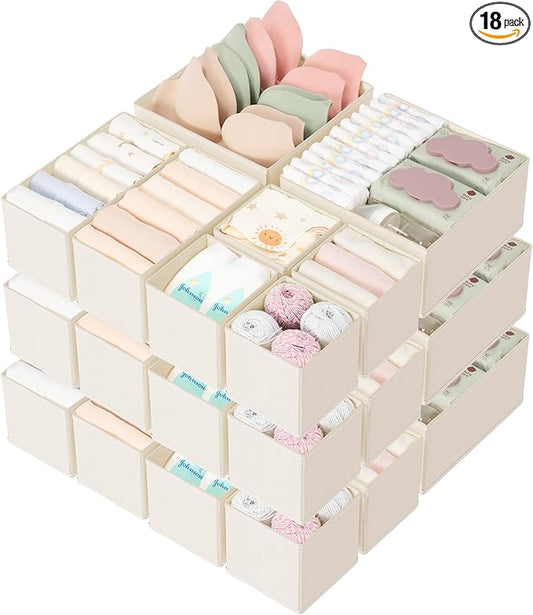Criusia Drawer Organizers 18-Piece Set, Dresser Organizer for Baby Clothes, Foldable Closet Storage & Drawer Dividers for Underwear, Socks, Nursery (Beige)