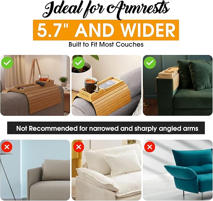 Bamboo Couch Cup Holder Tray with 2 Cork Coasters, Couch Caddy, Anti-Slip Foldable Armrest Sofa Tray, Couch Armrest Table, Anti-Spill Holder for Remote, Snacks, Cellphone - Ideal Gift