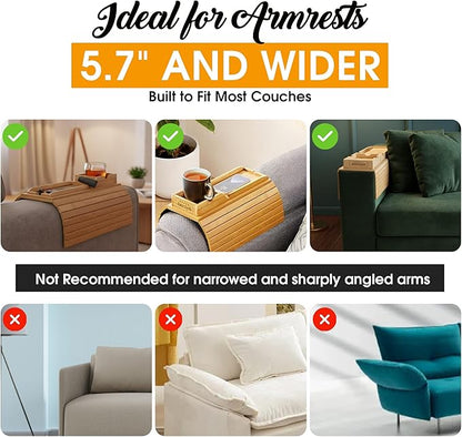 Bamboo Couch Cup Holder Tray with 2 Cork Coasters, Couch Caddy, Anti-Slip Foldable Armrest Sofa Tray, Couch Armrest Table, Anti-Spill Holder for Remote, Snacks, Cellphone - Ideal Gift