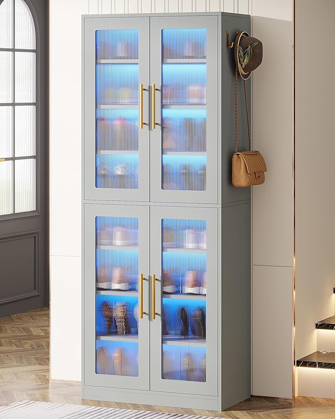 Tribesigns Tall Shoe Cabinet with Acrylic Doors and LED Lights, 8-Tier Entryway Shoe Organizer Storage Rack with Adjustable Shelves and Hanging Hooks for Narrow Closet, Hallway, Living Room, Gray