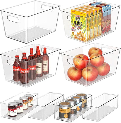 Set of 8 Clear Plastic Storage Bins, 4 Large +4 Small Pantry Organizers and Storage Containers for Kitchen Organization, Home Storage Must Haves for Office, Closet, Garage, Freezer& Bathroom