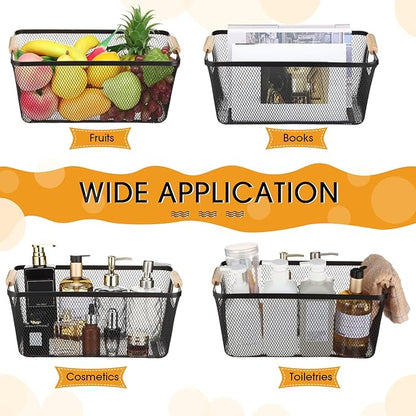 4 Pcs Metal Wire Basket with Wooden Handles Mesh Steel Storage Organizer Bin Containers for Home Organizing Cabinet Pantry Closet Kitchen Fridge Fruit Makeup Snacks Gifts(Large,Black)