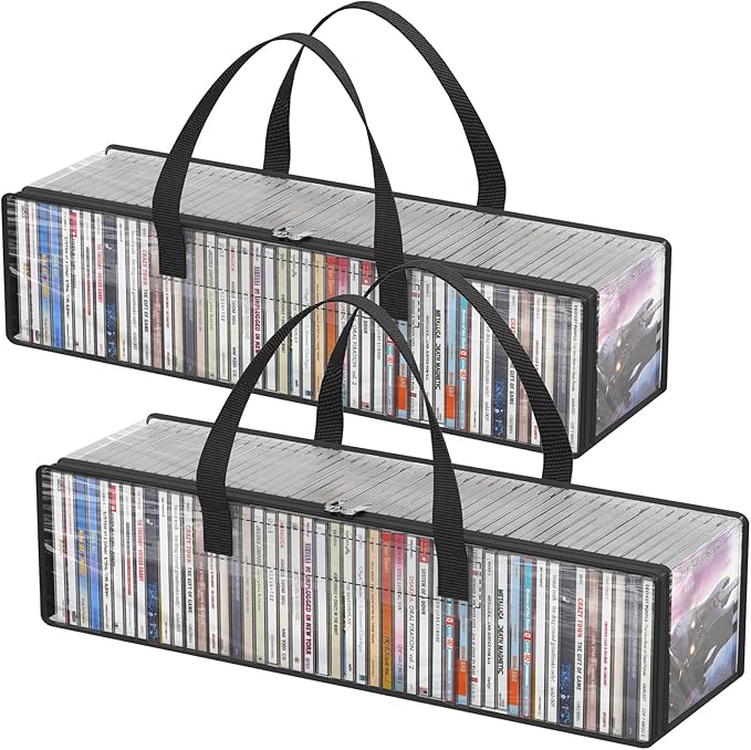 Lifewit CD Storage Bags, Clear PVC Plastic CD Case Holder with Handles, Front Window Zipper Design, Stackable Media Organizer Box for Albums, Hold up to 100 Pcs CDs (50 Each), 2 Pack
