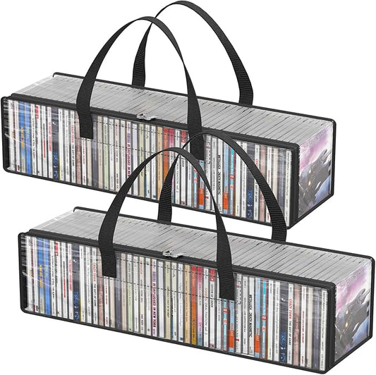 Lifewit CD Storage Bags, Clear PVC Plastic CD Case Holder with Handles, Front Window Zipper Design, Stackable Media Organizer Box for Albums, Hold up to 100 Pcs CDs (50 Each), 2 Pack